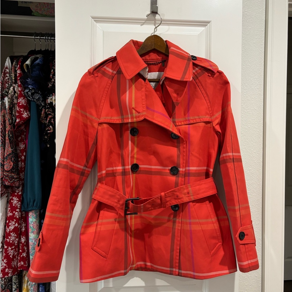 Coach Tattersall Plaid Peacoat Outerwear Preppy Designer Orange Jacket Medium
